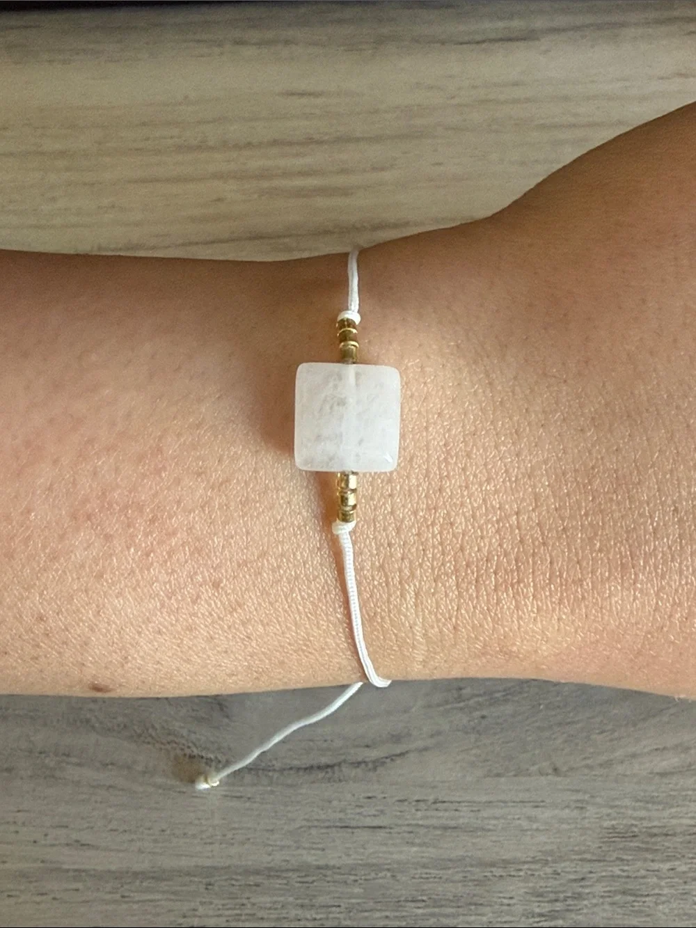 Adjustable White Beaded Cord Bracelet with Square Stone